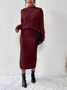 RosyDaze Conjunto de suéter holgado de cuello de capucha y falda de unicolor casual para mujer, otoño/invierno - Burdeos - Ver 5