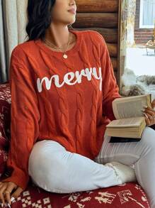 Calvaya Suéter holgado de cuello redondo, manga larga y estampado de letras para mujer talla grande, otoño/invierno