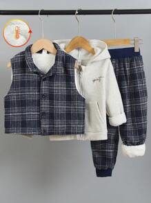 3 件套年轻男孩保暖连帽开衫、背心和长袖连帽衫套装，实用又保暖 - 彩色 - 查看 3