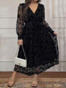 Vionelle 加大码纯色 V 领网眼拼接系带优雅长袖连衣裙，适合冬季长款女装