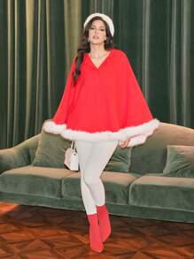 Zolique Women Contrast Furry Trim Casual Overcoat, Everyday Wear Christmas Clothes - Red - View 6