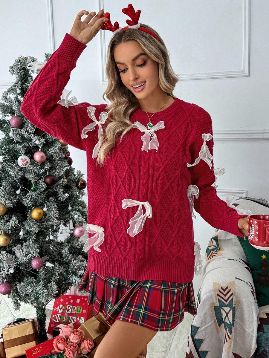 SHEIN LUNE Bow Decor Crew Neck Long Sleeve Pullover Sweater, Knit Pullover Fall Winter - Red - View 1