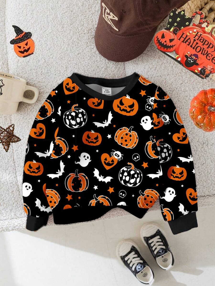 SHEIN Baby Boy Casual Minimalist Loose Fit Thermal Lined Knit Crew Neck Sweatshirt, Suitable For Autumn/Winter, Halloween Clothes - White - View 1