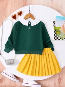 Set de 2 piezas compuesto por sudadera con capucha y falda plisada de estilo escolar para niña joven, sudadera azul marino con cuello y estampado de letras y falda plisada rosa - Verde - Ver 2