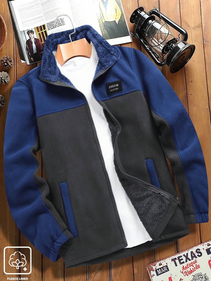 Manfinity Homme Giacca casual con stampa di lettere e chiusura lampo frontale, colore a blocchi, per l'autunno, da uomo