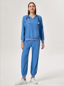 TaskEZ Conjunto de uniforme de pijama médico con parte superior de manga larga con capucha con cordón y pantalones con bolsillos