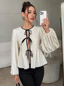 SHEIN Privé 女式双色蝴蝶结荷叶边灯笼袖上衣 - 杏色 - 查看 6