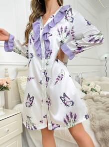 Roupão de Cetim Falso de Mulher com Estampa de Borboleta e Babados Coloridos - Damasco - Visão 5