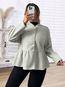 Plus Size Women's Single-Breasted Ruffled Hem Short Casual Jacket, Autumn/Winter Fall Cloth For Women - Light Grey - View 5