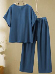 EMERY ROSE 2 pezzi/set, taglie comode, completo casual composto da top a maniche corte a girocollo monocromatico e pantaloni lunghi con vita elasticizzata