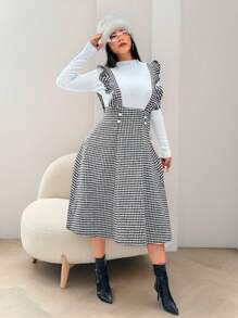 Celure Vestido de peto elegante de talla grande para mujer con estampado de pata de gallo y contraste de color