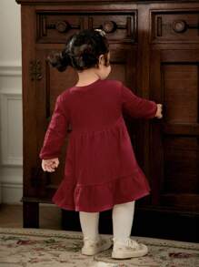 Cozy Pixies Baby Girls' Round Neck Solid Color Puff Sleeve Waisted Ruffle Hem Dress