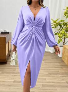 Celure Plus Size Vrouwen Effen Kleur V-hals Lantaarn Mouw Twist Taille Split Zoom Elegante Jurk, Herfst Maxi Vrouwen Outfit