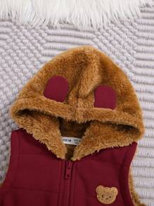 SHEIN 3-Piece Set: Baby Burgundy Cute Bear Graphic Long Sleeve Hoodie, Pants And Fleece Vest, Unisex - Burgundy - View 8