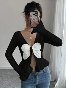 Elenzga Women's Contrast Butterfly Pattern Flare Sleeve Tie Front Ruffle Hem Cardigan - Black - View 4