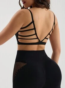 Menodora SHEIN Sport 女士纯色镂空后背健身运动文胸 - 黑色 - 查看 2