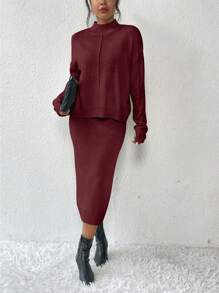 RosyDaze Conjunto de suéter holgado de cuello de capucha y falda de unicolor casual para mujer, otoño/invierno - Burdeos - Ver 3