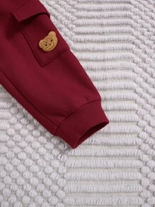 SHEIN 3-Piece Set: Baby Burgundy Cute Bear Graphic Long Sleeve Hoodie, Pants And Fleece Vest, Unisex - Burgundy - View 9