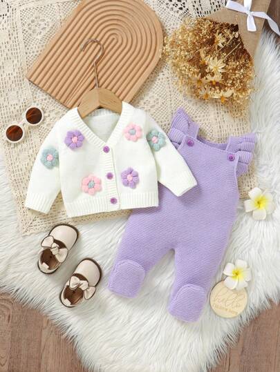 SHEIN Vintaside Kids Baby Girl Exquisite Sweater Set, Hand-Crocheted 3D Floral Jacket Paired With Ruffled Suspender Romper, Newborn Exclusive, Completed With Sweet Headband For Warm And Fashionable Baby Care