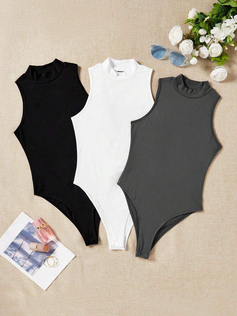 SHEIN EZwear Women's 3pcs High Neck Tank Style Fitted Casual Bodysuit, Suitable For Summer - Multicolor - View 1