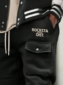 Manfinity Homme 男士休闲拼色字母印花撞色运动裤，秋季 - 黑色 - 查看 4