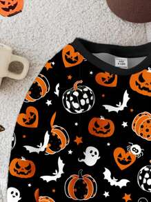 SHEIN Baby Boy Casual Minimalist Loose Fit Thermal Lined Knit Crew Neck Sweatshirt, Suitable For Autumn/Winter, Halloween Clothes - White - View 3