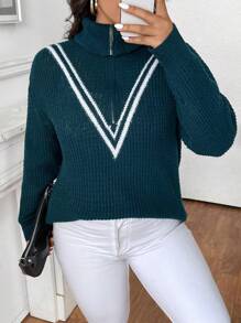 Calvaya Plus Size Women's Casual Striped Half-Zip Drop Shoulder Long Sleeve Sweater Knit Pullover Fall Winter Outfit