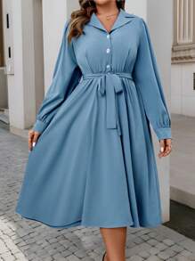 Celure Plus Size Women's Spring/Summer Long Sleeve Button Half Placket Casual Dress - Blue - View 8