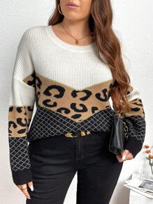 SHEIN LUNE Plus Size Women Casual Leopard & Plaid Patchwork Loose Fit Round Neck Dolman Sweater, Suitable For Autumn/Winter Knit Pullover Fall - Multicolor - View 5