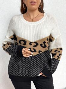 SHEIN LUNE Plus Size Women Casual Leopard & Plaid Patchwork Loose Fit Round Neck Dolman Sweater, Suitable For Autumn/Winter Knit Pullover Fall - Multicolor - View 4