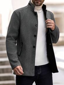 Manfinity Homme 男士纯色前扣口袋长袖大衣，适合秋冬季