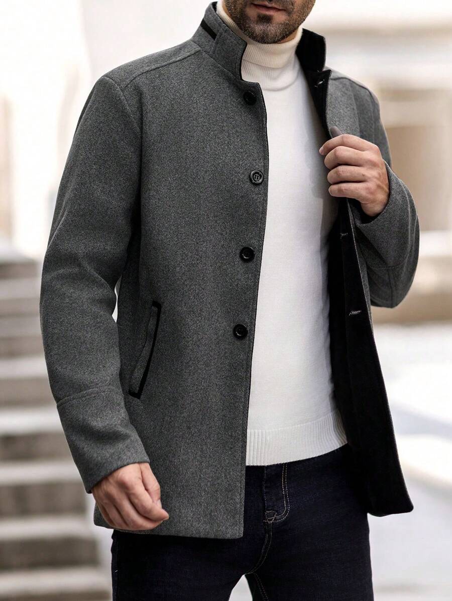Manfinity Homme 男士纯色前扣口袋长袖大衣，适合秋冬季