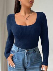 SHEIN EZwear Plus Size Women's Casual School Back To School First Day Breakfast Everyday Leisure Indoor Yoga Outdoor Comfort Black Knitted Elastic Fuzzy Fabric Solid Color Square Neck Fitted Long Sleeve Knit T-Shirt