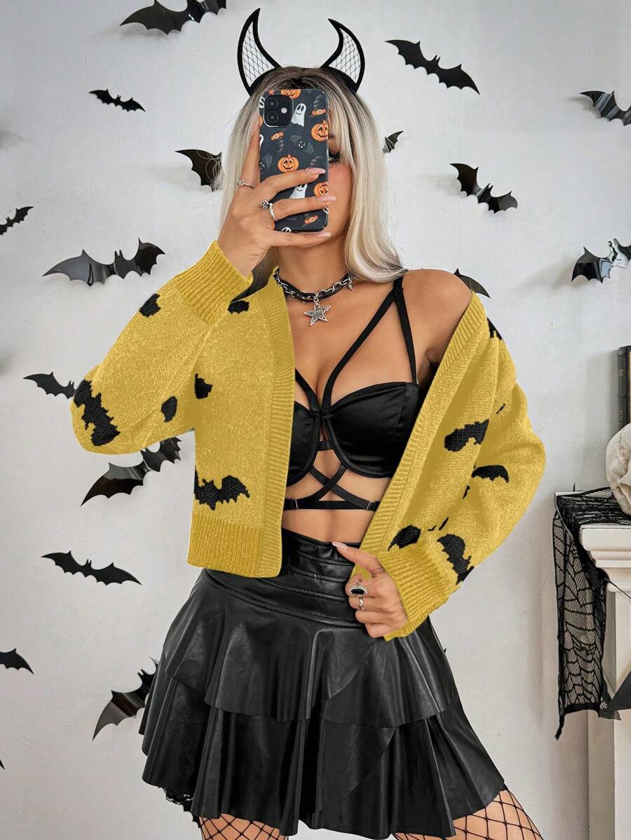Chiquease Women Casual Bat Graphic Front Open Cardigan Sweater For Halloween Party And Daily Wear, Autumn/Winter Fall Cloth For Women - Yellow - View 1