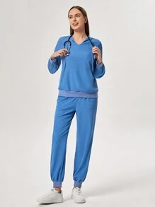 TaskEZ Conjunto de uniforme de pijama médico con parte superior de manga larga con capucha con cordón y pantalones con bolsillos