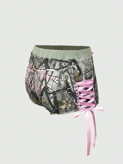 Kawaii Y2K Low-Waist Sexy Camo Print & Embroidered English Text Women Shorts