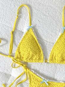 SHEIN Swim Women's Sweet Bow Lace Pearl Strap Yellow Bikini Swimwear For Summer Beach Vacation - Yellow - View 3