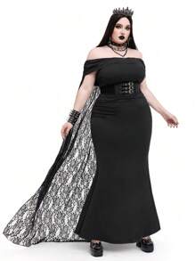 Whyspr Váy đuôi cá xếp ly ren tương phản Gothic cỡ lớn hở vai, thích hợp cho tiệc tối, tiệc tùng, đêm hẹn hò, biểu diễn - màu đen - Xem 4