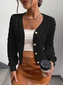 EMERY ROSE 女士纯色单排扣长袖短开衫，适合秋冬季 - 黑色 - 查看 4