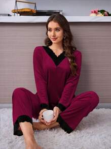 Women Elegant Pink Velvet Lace Trim Long Sleeve 2pcs Comfortable Lounge Set, Mommy And Me Matching Outfits (3 Sets Sold Separately) - Burgundy - View 1