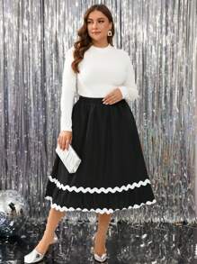 SHEIN LUNE Plus Size Women Colorblock Wavy Ribbon Decor Christmas/Halloween Party A-Line Midi Skirt - Black - View 3