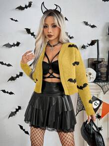 Chiquease Women Casual Bat Graphic Front Open Cardigan Sweater For Halloween Party And Daily Wear, Autumn/Winter Fall Cloth For Women - Yellow - View 7