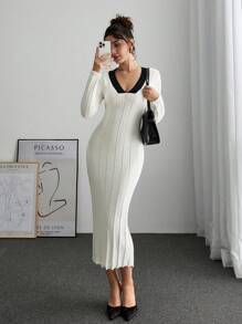 SHEIN Frenchy Women Colorblock Fuzzy Long Sleeve Fitted Elegant Sweater Dress Winter - Black and White - View 3