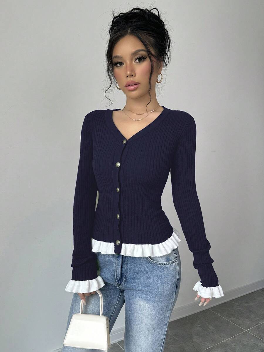 Elenzga Áo len cardigan viền bèo nhún nhiều màu - Màu xanh hải quân - Xem 1