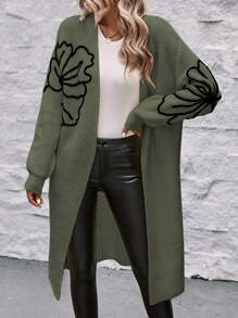 SHEIN LUNE 女士花卉印花落肩长袖休闲长款开衫（花卉图案多种多样），秋冬 - 彩色 - 查看 6