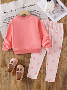 Young Girl Pink & Orange Classic Long Sleeve Sweatshirt With "DADDYS MINI" Embroidered Towel Fabric, Knitted Heart Print Pants, Comfortable Autumn Outfit