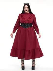 Whyspr 大码女式朋克哥特式拼布荷叶边长袖中长连衣裙 - 酒紅色 - 查看 4