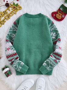 Áo len dài tay cổ tròn họa tiết hình học Giáng sinh cho bé gái tuổi teen, mùa thu/đông - màu xanh lá - Xem 2