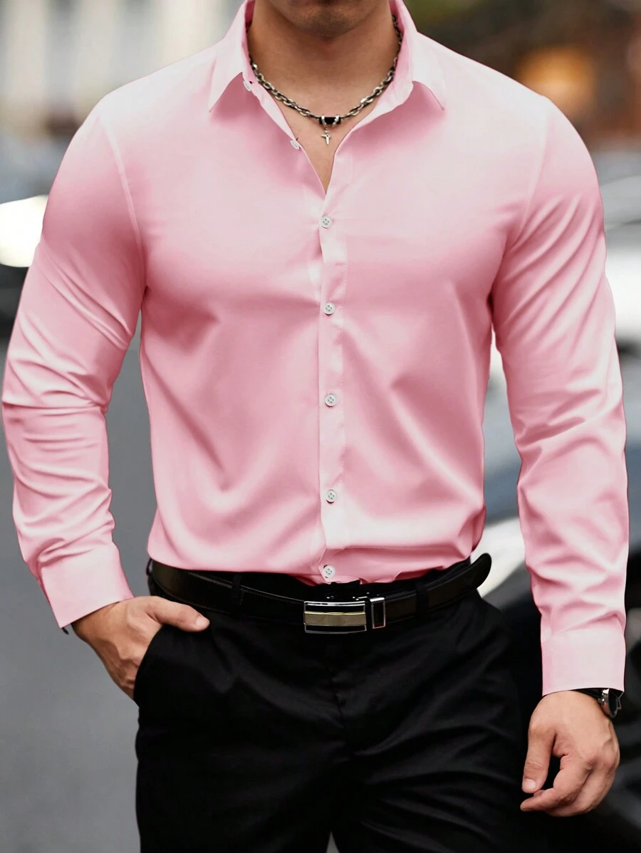 Manfinity Mode Men's Solid Color Casual & Business Long Sleeve Shirt, Spring & Summer - Pink - View 1