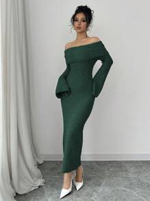 Selianne 1 件女式长袖露肩修身优雅长款毛衣连衣裙，纯色 - 墨綠色 - 查看 5
